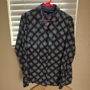 Womens Navy and White Checkered Button Up Blouse
